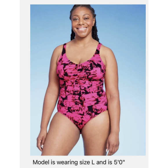 NEW Aqua Green One Piece Swimsuit Sz Large UPF 50 Cinch-Front Multi Floral - Picture 3 of 8